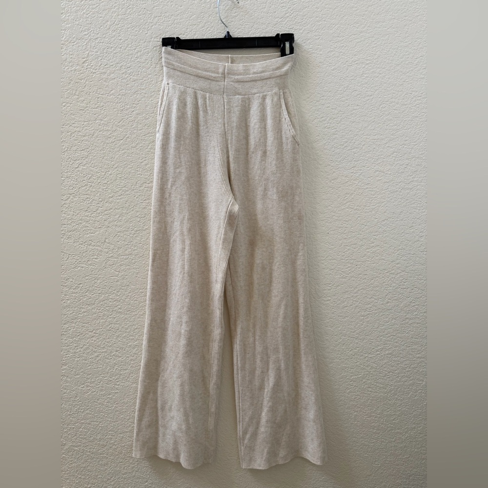 Beige Ribbed Wide-Leg Pants